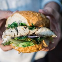 BBQ Barramundi Burger with Grilled Cos, Grilled Lemon & Jalapeno Tartare